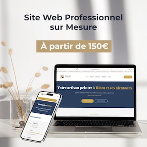 Peut inclure: Un ordinateur portable et un smartphone affichant une conception de site web. L'écran de l'ordinateur portable affiche un site web avec une palette de couleurs bleu marine et or. Le smartphone affiche un formulaire de contact. Le texte de l'image est "Site Web Professionnel sur Mesure".
