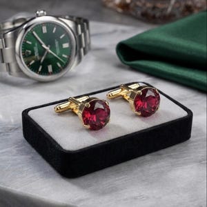 Handmade Red Ruby Cufflinks | 925 Sterling Silver, 14K Gold Plated (Wedding Gift)