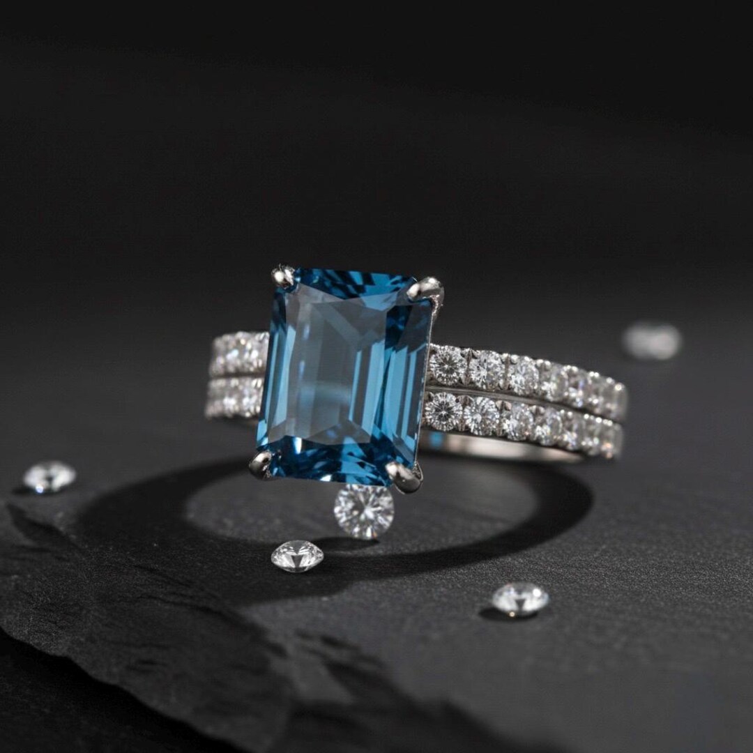 Emerald Cut London Blue Topaz Ring | Sterling Silver Zircon Statement ...
