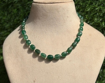 Green Aventurine Pearl Necklace, Natural Gemstone Beaded Necklace, Minimalist Elegant Jewelry, Fixed Length Necklace, Gift for Women