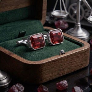 Könnte beinhalten: Ein Paar quadratische Manschettenknöpfe mit tiefroten, facettierten Edelsteinen in silberfarbenen Metallfassungen mit Perlenrand. Die Manschettenknöpfe liegen in einer mit dunkelgrünem Samt ausgekleideten Holzschatulle neben losen roten Steinen.
