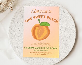Une invitation d'anniversaire pêche douce | Modèle de toile numérique 5 x 7 | Invitation premier anniversaire modifiable | Soirée entre filles à thème pêche