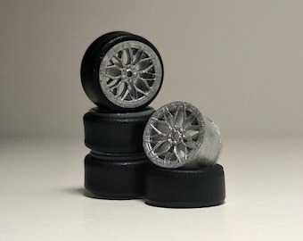 1/64 Scale Custom Wheels Set | Rubber Tires, Detailed Rims + Axles