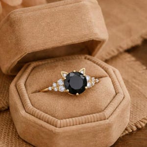 Black Onyx Engagement Ring, Oval Cut Black Onyx Ring with Diamond Accents, 14K Gold Cat Ear Ring, Cat Ear Promise Ring, Gift For Woman