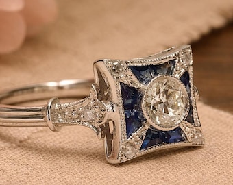 Vintage Old European Style Sapphire & Diamond Wedding Ring, Estate Jewelry For Women, Antique Vintage Ring, Art Deco Ring Iconic Retro Ring