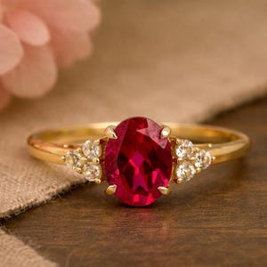 Oval Cut Red Ruby Anniversary Promise Ring, 14k Yellow Gold Diamond Art Deco Ring  Solid Gold Engagement Ring, Valentines Gift for Wife