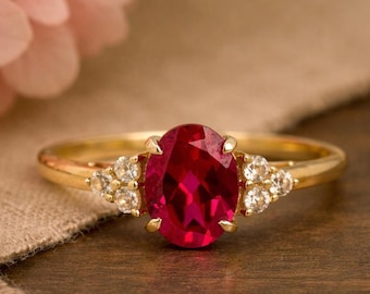 Oval Cut Red Ruby Anniversary Promise Ring, 14k Yellow Gold Diamond Art Deco Ring  Solid Gold Engagement Ring, Valentines Gift for Wife