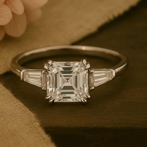 Op de afbeelding: Een zilveren ring met een grote, vierkant geslepen diamant en twee kleinere, rechthoekige zijstenen. De ring ligt op een donker houten oppervlak, met een neutrale stof en een roze bloem op de achtergrond.