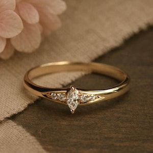 14K Gold Plated Marquise Cut Moissanite Ring, Dainty Engagement Ring, Round Diamond Accents, Minimalist Promise Ring, Elegant Gift for Her