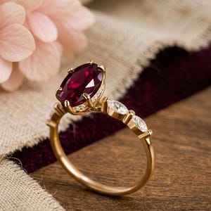 May include: A gold ring with a large, oval-cut, deep red gemstone as the centerpiece. The ring features smaller, clear gemstones and a delicate band. The ring is set against a soft, neutral background with a hint of pink.