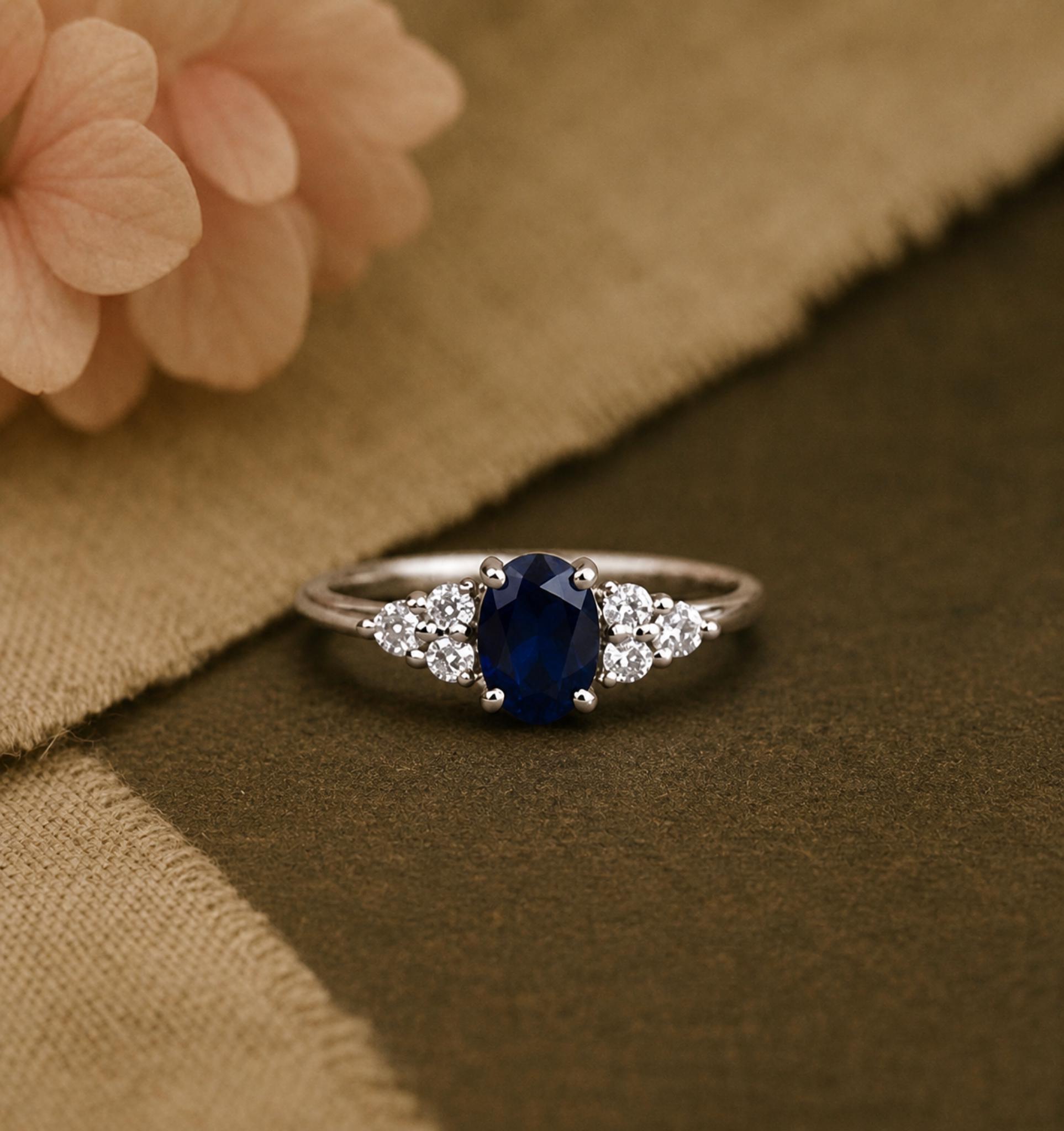 Oval Blue Sapphire & Diamond Ring in 14K White Gold, Vintage Oval…