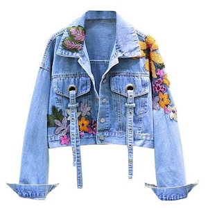 Floral Embroidered Denim Jacket for Women | Vintage Boho Jean Jacket | Flower Jacket | Custom Spring Fall Outerwear