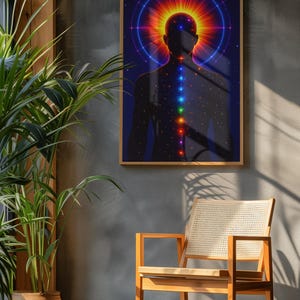 May include: Framed art print featuring a silhouette of a person with a colorful aura and chakra alignment. The artwork has a dark blue background with a vibrant rainbow of colors. The print is displayed in a room with a wooden chair and a potted plant.