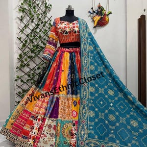 New Trending Bellwood Inspired Navratri Special Multi Color Chaniya choli/ Garba/ Dandiya Dress with flaired colorful Mirror work Lehenga