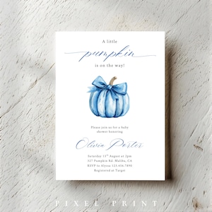 Little Pumpkin Baby Shower Invitation: Blue Bow, Halloween Theme (Printable 5x7)