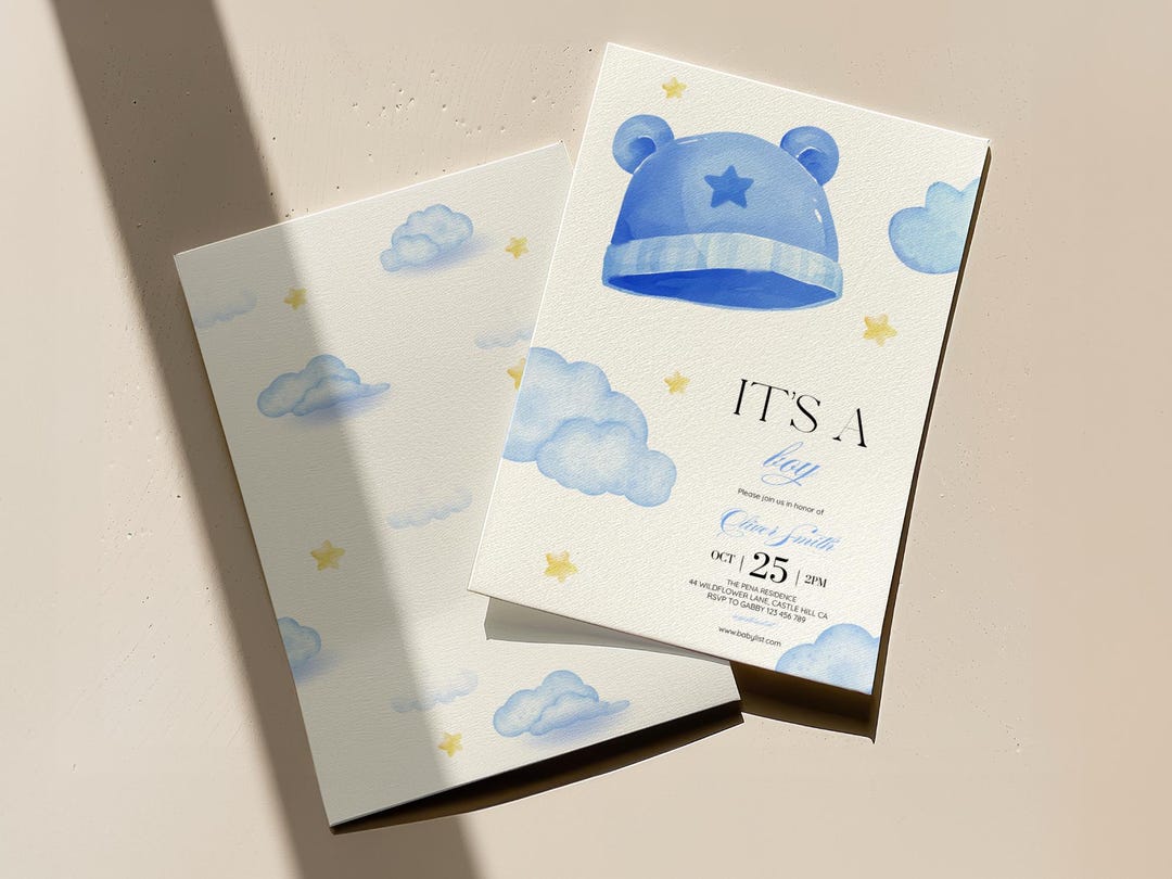 Blue Clouds Baby Shower Invitation Template: Boy Baby Hat & Star ...