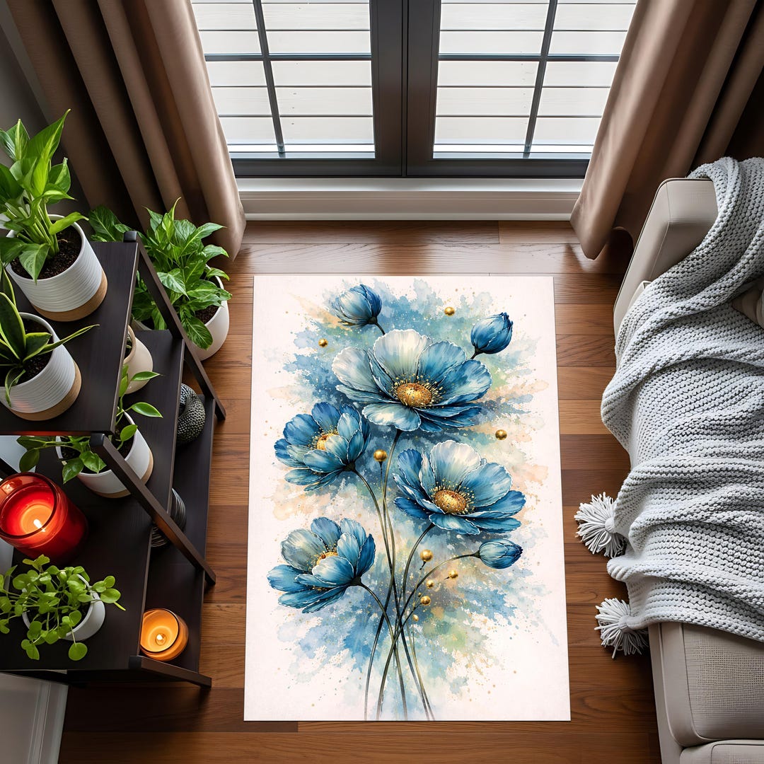 Blue Floral Area Rug, Watercolor Flower Carpet, Modern Botanical Floor ...