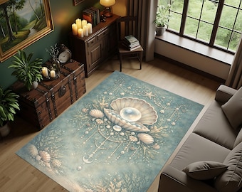 Tappeto costiero color verde acqua, decorazioni per la casa a tema oceano con conchiglie di perle