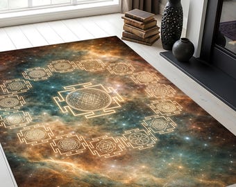 Sacred Geometry Area Rug, Cosmic Mandala Floor Carpet, Galaxy Pattern Living Room Rug, Modern Boho Home Decor, Abstract Geometric Accent Mat