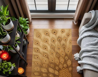 Peacock Feather Rug – Washable Golden Accent Carpet, Boho Home Decor