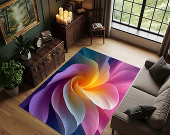 Tappeto con fiori astratti colorati - Tappeto con petali arcobaleno vibranti, tappeto artistico boho, arredamento moderno per la casa con design floreale sfumato luminoso