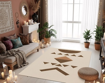 Boho Geometric Area Rug, Neutral Modern Washable Carpet