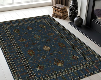 Navy Blue Persian Style Rug – Floral Oriental Carpet, Washable Area Rug