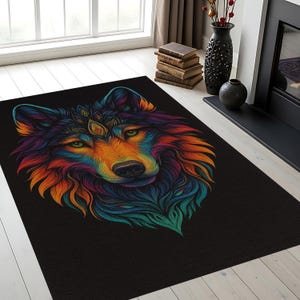 Colorful Wolf Rug  Vibrant Tribal Animal Carpet for Living Room, Bedroom, or Boho Home Décor