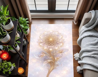 Celestial Flower Area Rug, Golden Mandala, Washable Floor Decor