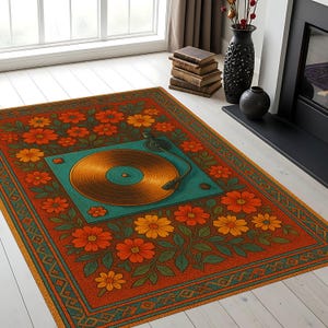 Retro Vinyl Record Player Rug – Bohemian Floral Music Lover Carpet, Vintage Turntable Decor for Living Room & Studio