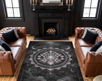 Black Mandala Area Rug, Sacred Geometry Mystic Floor Decor