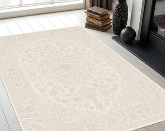 Cream Beige Vintage Floral Rug – Elegant Neutral Home Decor