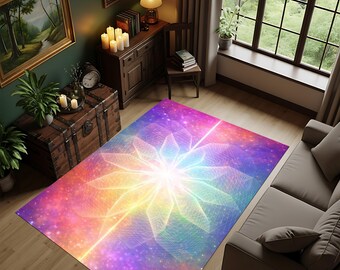 Rainbow Sacred Geometry Rug, Cosmic Galaxy Floor Mat