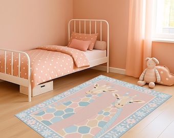 Pastel Giraffe Kids Rug, Safari Animal Nursery Carpet, Baby Playroom Mat