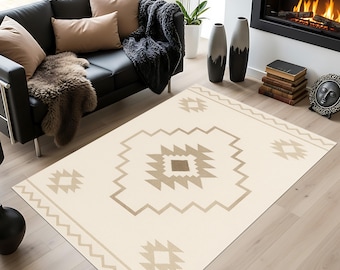 Neutral Boho Tribal Rug, Geometric Southwest Decor, Washable Area Carpet