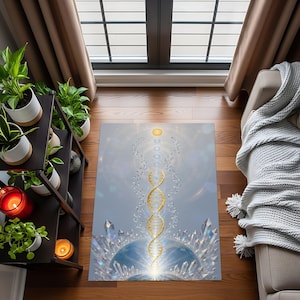 Könnte beinhalten: Rechteckiger Teppich mit einem goldenen DNA-Strang-Design, einer blauen Globusbasis und Kristallakzenten. Der Teppich hat einen hellblauen Hintergrund mit einem hellen, leuchtenden Licht, das von unten ausgeht.
