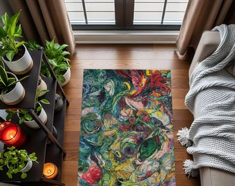 Tappeto astratto colorato – Tappeto espressionista artistico, tappeto moderno in stile boho con pennellate audaci, vivace arredamento contemporaneo per la casa