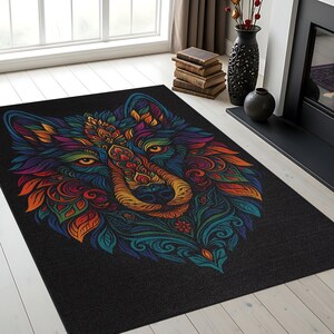 Colorful Wolf Rug – Vibrant Tribal Animal Carpet for Living Room, Bohemian Style, Artistic Home Décor