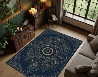 Tappeto Mandala blu navy – Tappeto circolare protettivo boho per soggiorno e arredamento moderno per la casa