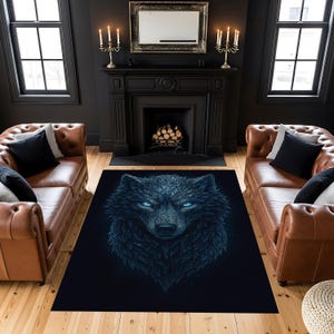 Blue Wolf Rug – Fierce Animal Design Modern Area Carpet, Dark Aesthetic Decorative Floor Mat for Living Room or Bedroom