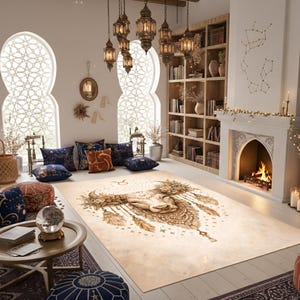 Op de afbeelding: Een beige vloerkleed met een gedetailleerde illustratie van een stierenkop, versierd met bloemen en veermotieven. Het kleed ligt in een woonkamer met een open haard, boekenplanken en decoratieve lantaarns. Kussens en poefs in blauw- en bruintinten vullen het decor aan.