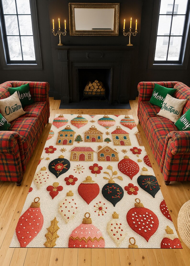 Gingerbread Christmas Rug With Ornaments, Holiday Village Pattern Area ...