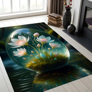 Puede incluir: Una alfombra rectangular con un diseño surrealista. Representa una burbuja transparente en forma de huevo que contiene flores rosas y blancas, aparentemente flotando sobre el agua. La alfombra tiene una combinación de colores oscura y acuática, con reflejos visibles.