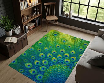 Green Peacock Feather Rug – Vibrant Blue and Gold Carpet with Exotic Feather Pattern, Luxury Boho Area Rug, Elegant Home Decor