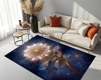 Celestial Flower Area Rug, Galaxy Botanical Art, Washable Cosmic Carpet