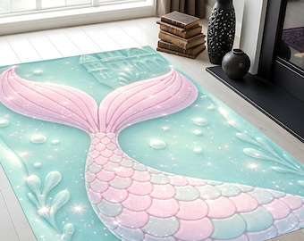 Tappeto a forma di coda di sirena, decorazione per cameretta a tema oceano pastello, tappeto lavabile.