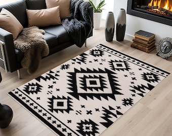 Black and Cream Tribal Rug, Modern Aztec Geometric Area Carpet
