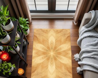 May include: A rectangular rug with a floral design in shades of beige and tan. The rug is placed on a wooden floor, with a dark brown shelf holding potted plants and candles to the left. A window and a couch with a gray blanket are in the background.