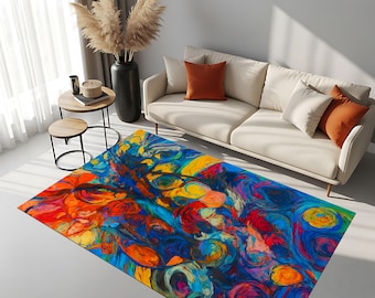 Tappeto con schizzi di colore astratto: tappeto espressionista vibrante, tappeto boho moderno con pennellate audaci, arredamento artistico contemporaneo per la casa