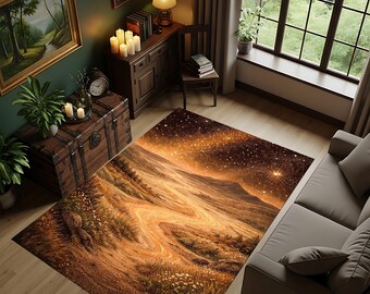 Starry Night Landscape Area Rug, Golden Pathway, Boho Decor
